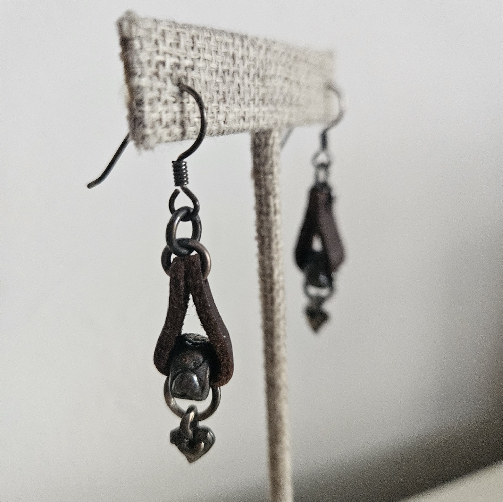 Leather & Silver Heart Drop Earrings | SZ 1.5" - Picture 6 of 8